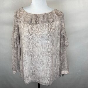 Banana Republic Women Sz S Tan Snake Skin Print Long Sleeve Ruffle Boat Neck